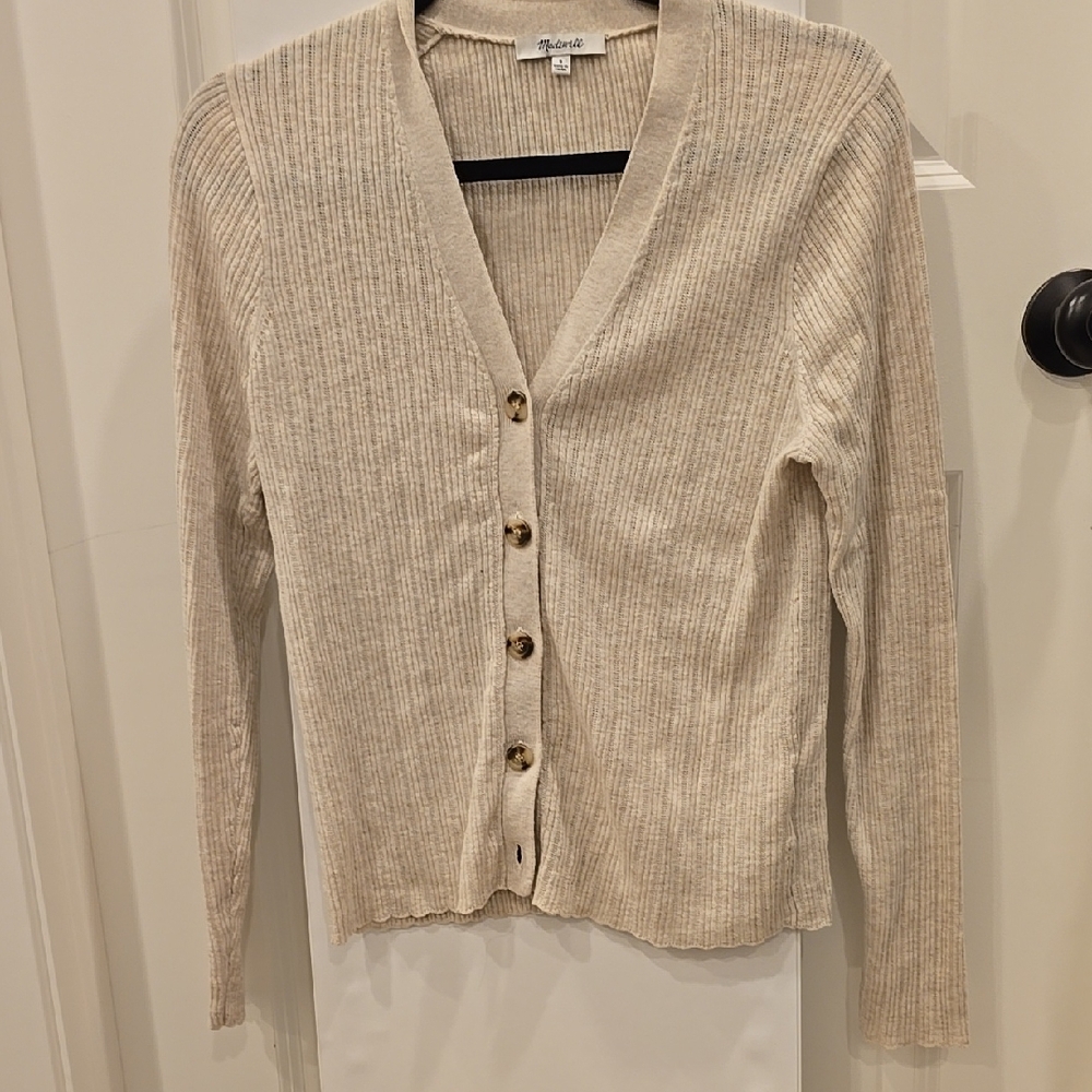 Ribbed Beige Cardigan Sweater